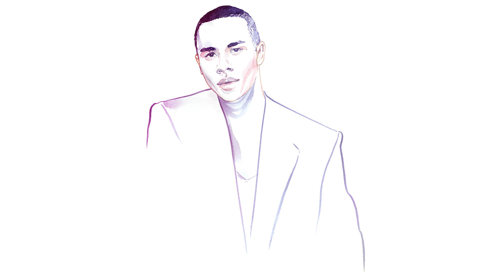 Watercolour illustrated portrait of French fashion designer Olivier Rousteing, wearing suit jacket