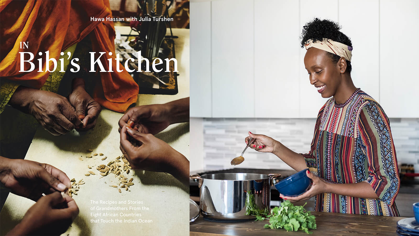 The cover of In Bibi's Kitchen cookbook and portrait of TV chef and author Hawa Hassan cooking