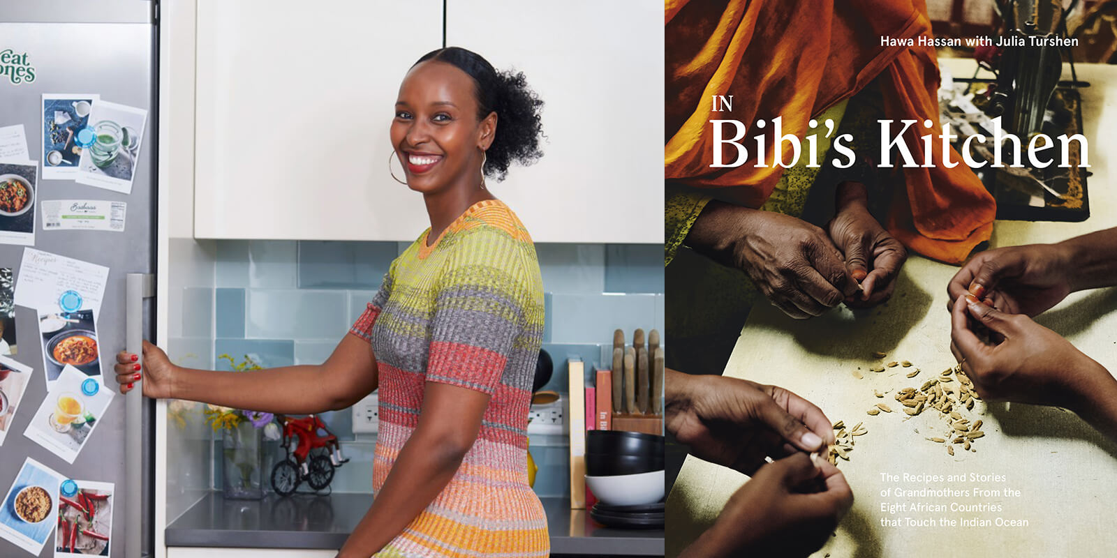 Portrait of chef Hawa Hassan and her cookbook book cover