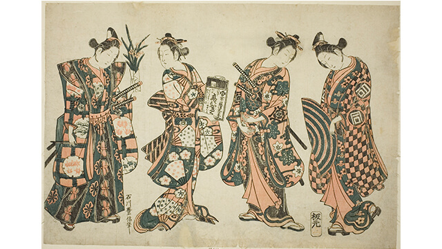 Illustration of Kabuki performers Sanogawa Ichimatsu, Nakamura Kiyosaburo), Sanogawa Senzo and Nakamura Kumetaro, circa 1750. Artist Ishikawa Toyonobu.