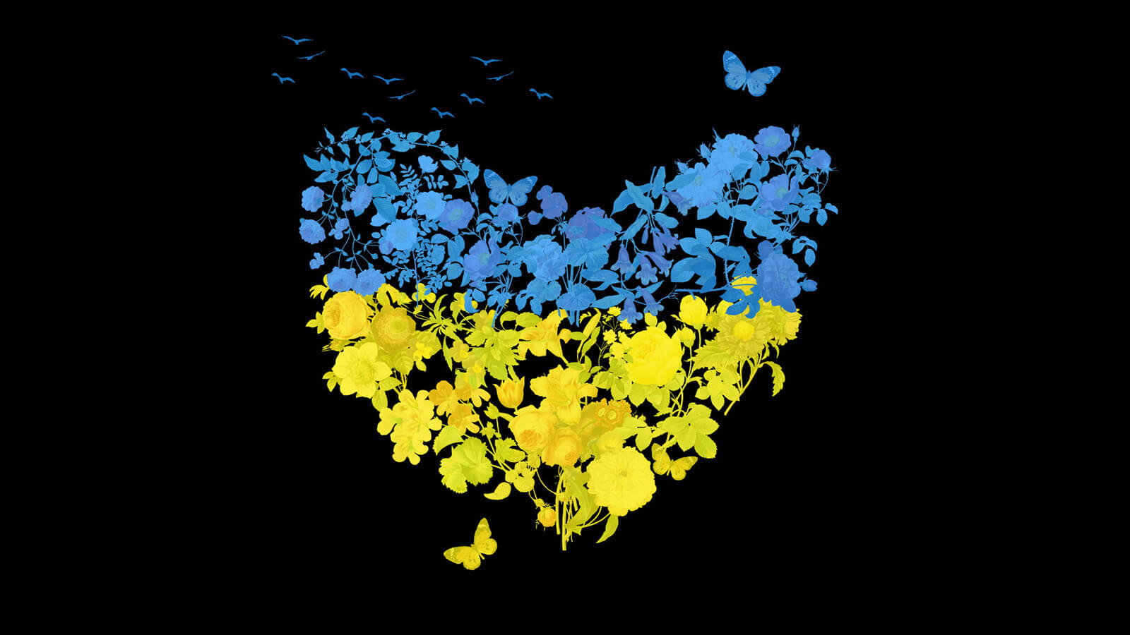 An image representing Ukraine: shape of a heart made up of yellow and blue images of flowers and butterflies
