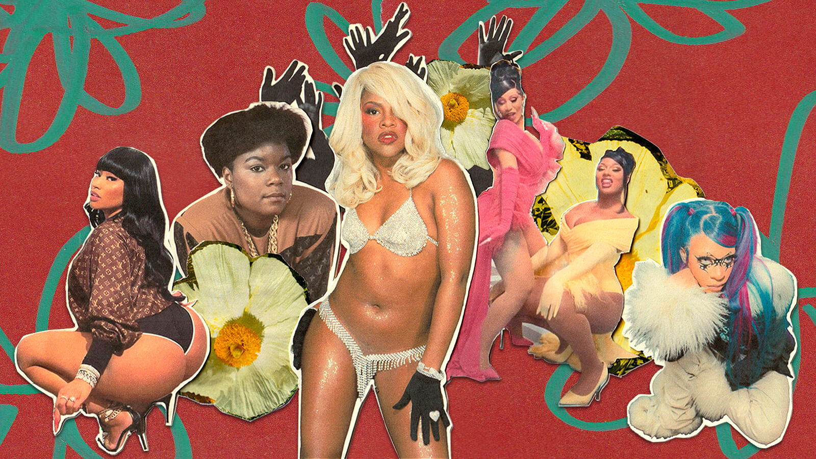 Collage of female rappers: Nicki Minaj, Roxanne Shante, Lil’ Kim, Cardi B, Megan Thee Stallion and Rico Nasty