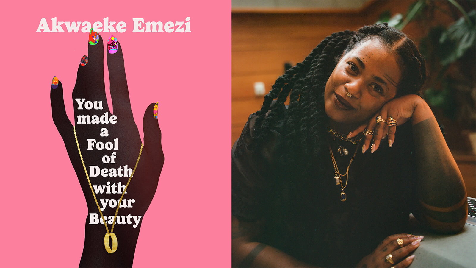 Portrait of Akwaeke Emezi and their book cover