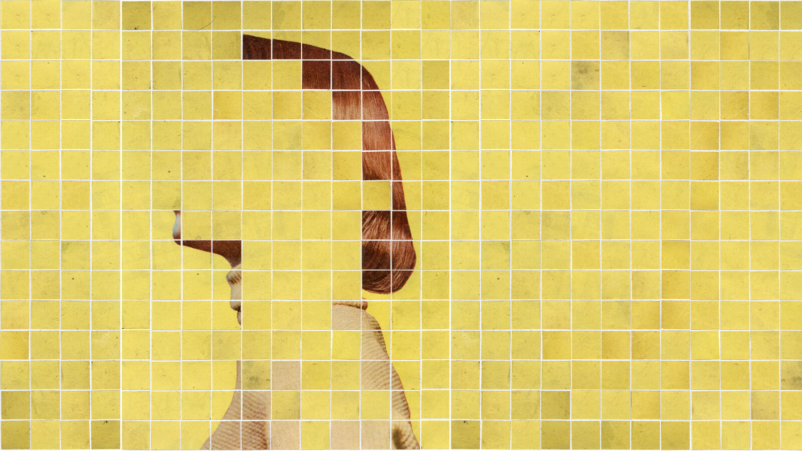 An image of a woman's face obscured by yellow squares in a collage illustration