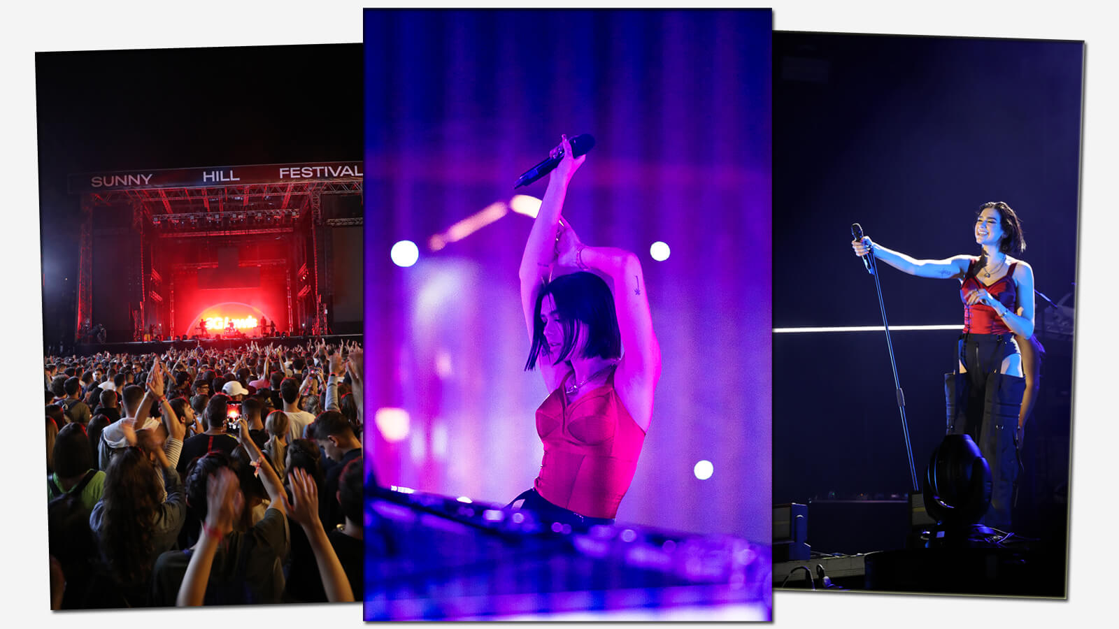 Images of Dua Lipa performing at Sunny Hill Festival