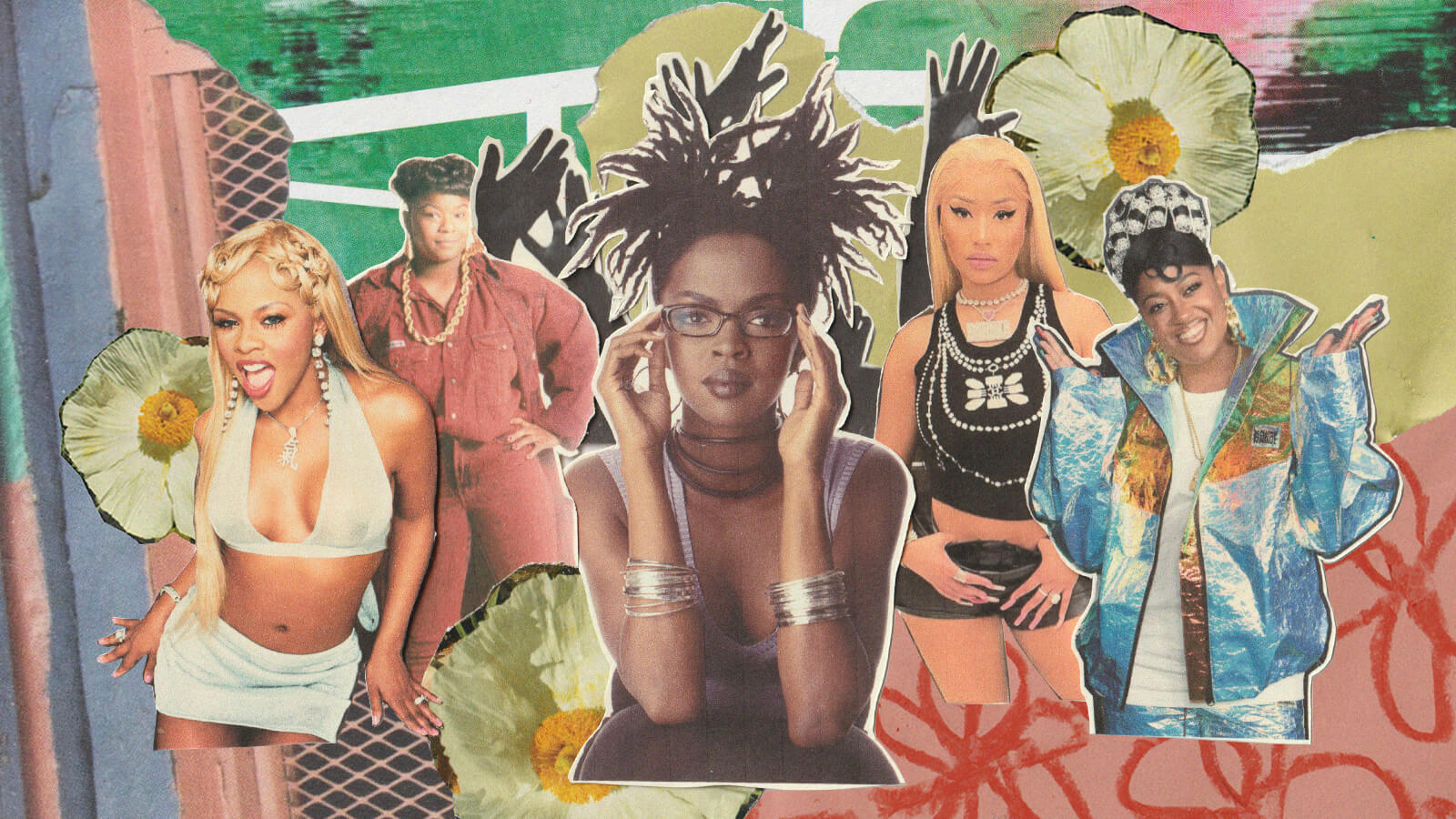 Collage featuring female rap artists Roxanne Shanté, Lil' Kim, Lauryn Hill, Nicki Minaj and Rapsody
