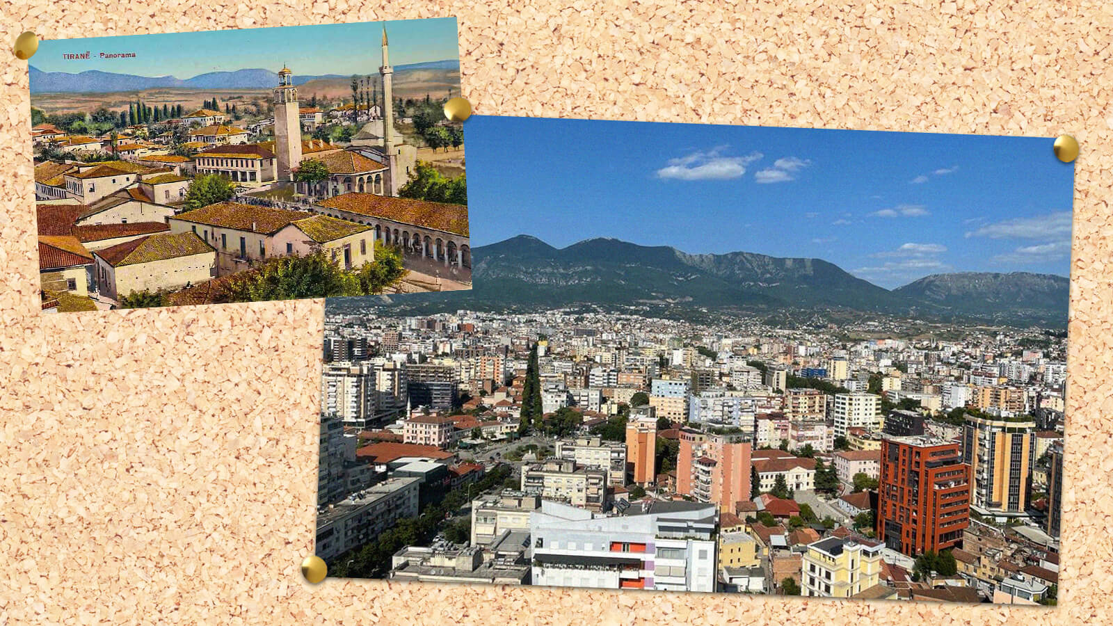 Image of pinboard featuring two postcards of Tirana in Albania