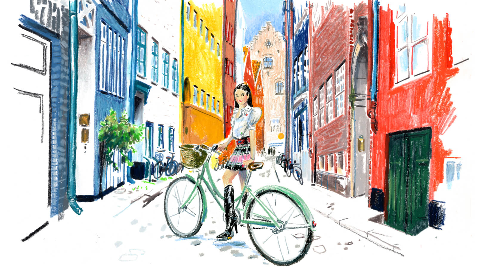 Illustrated portrait of Dua Lipa with a bike in Copenhagen
