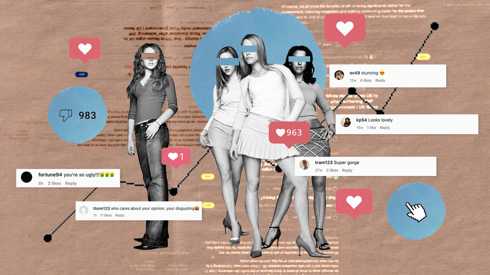 Collage image featuring internet and social media notifications and characters from Mean Girls alongside negative and positive comments