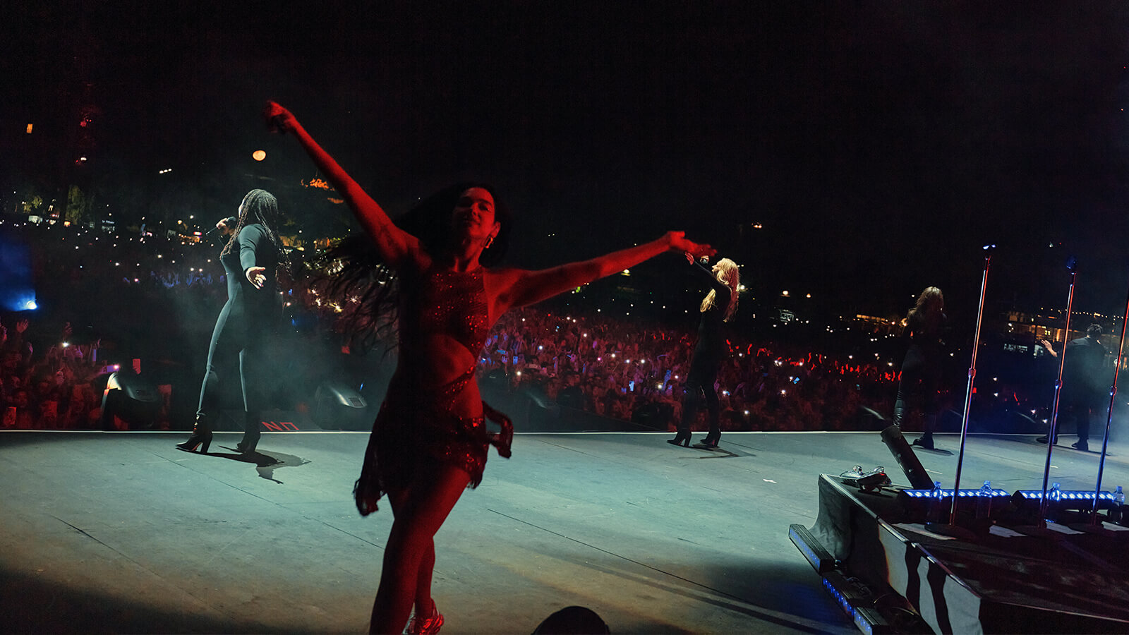 Image of Dua Lipa on stage in Buenos Aries during her Future Nostalgia Tour