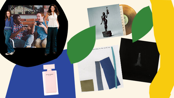 Gilmore Guys podcast artwork; characters from Gilmore Girls; Sudan Archives' Athena album cover; Sault's Little Boy album cover; Portico Quartet's Prickly Pear album cover and Narciso Rodriguez's For Her