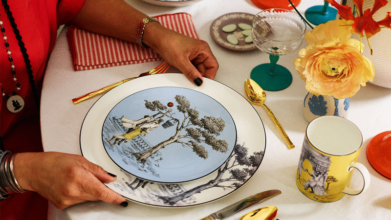 Portrait of Sheila Bridges, her plate designs for Wedgwood and a table set with the Sheila Bridges x Wedgwood crockery