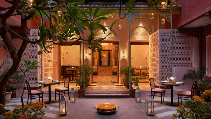 Interior photographs of The Johri hotel in Jaipur, India, and scenes from the local bazaar