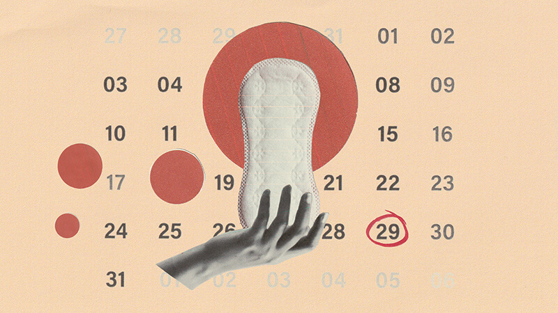 Collage image of a hand holding a sanitary towel in front of a calendar