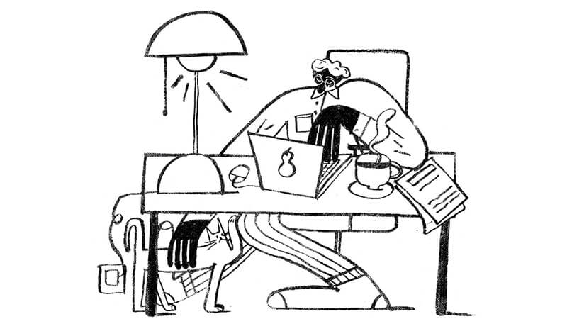 Black and white illustration of person multitasking at work