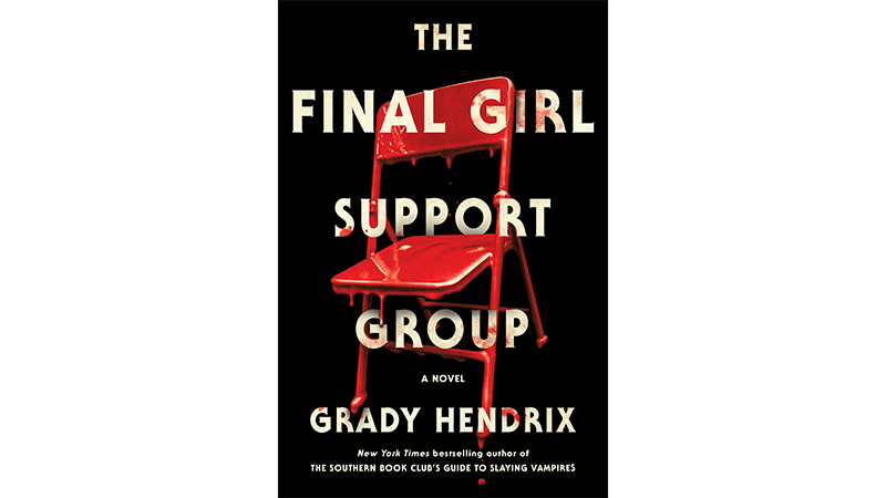 Film stills featuring 'final girl' characters, image of The Final Girl Support Group book cover and The Final Girls podcast artwork
