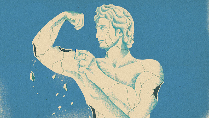 An illustration of a crumbling masculine statue