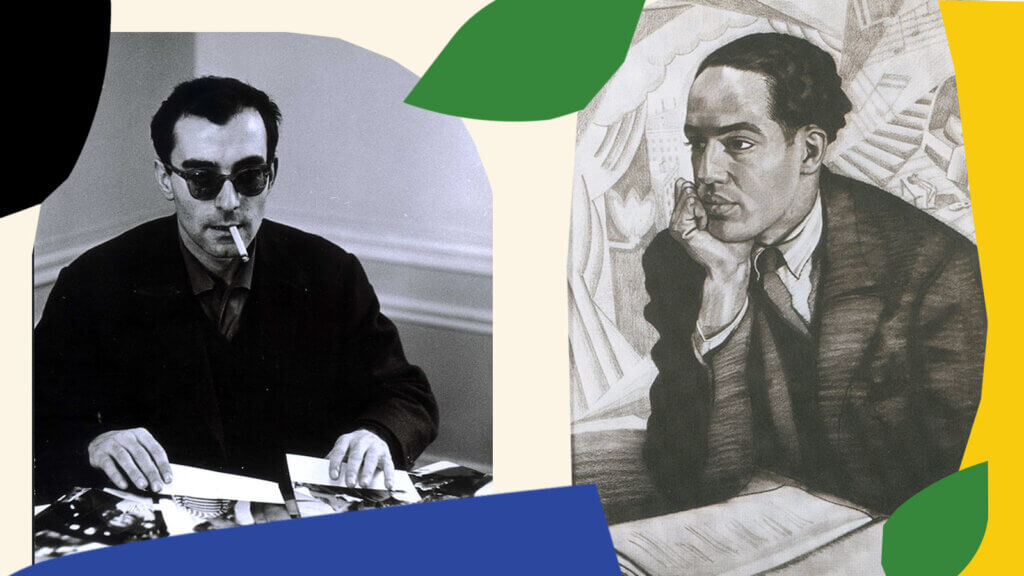 image of Jean Luc Godard and charcoal drawing of Langston Hughes