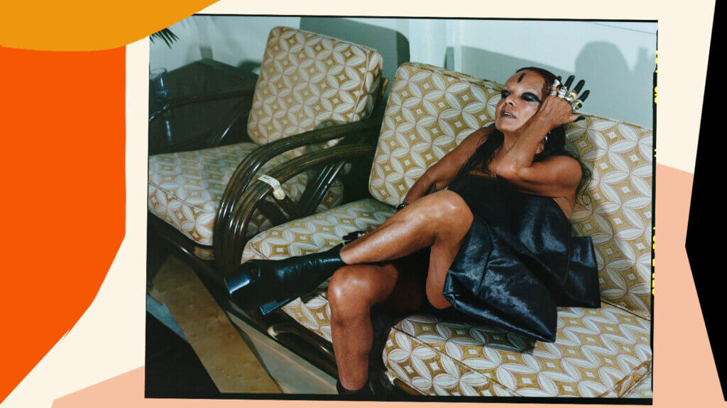Image of Michele Lamy sitting in sofa at Chateau Marmont, Los Angeles