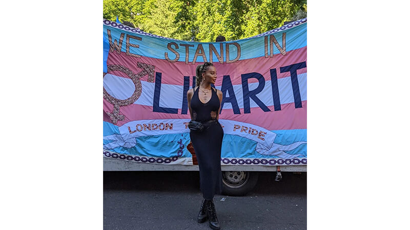 Image of Trans activist and auther Munroe Bergdorf at Trans Rights Protest, London