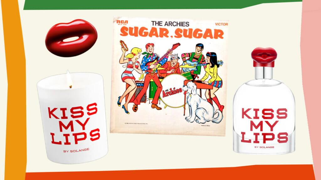 Image of Solange Azagury-Partridge's Hot Lips Ring, Kiss My Lips Perfume, Kiss My Lips Candle and the record artwork for Sugar, Sugar by The Archies
