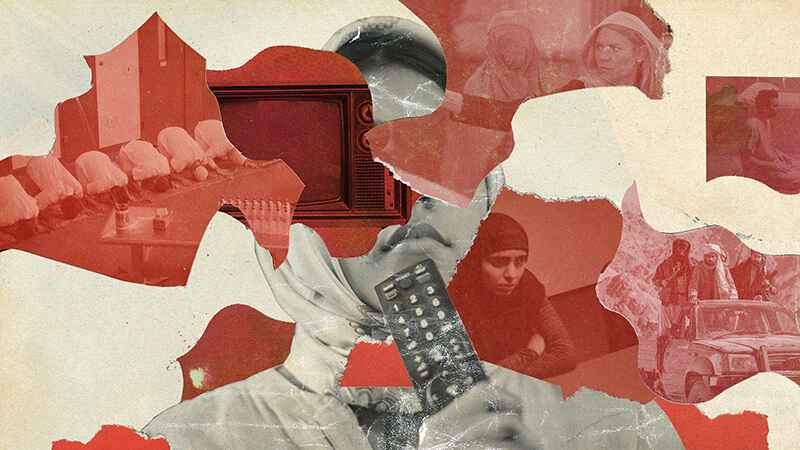 Collage image featuring a girl wearing a headscarf holding a television remote, alongside images of Muslim characters portrayed in various films and TV series