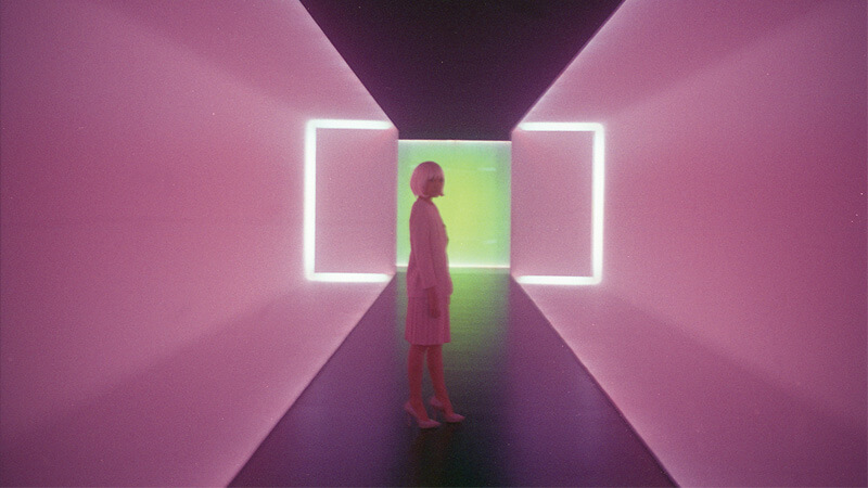 A surreal image of a girl wearing a pink outfit