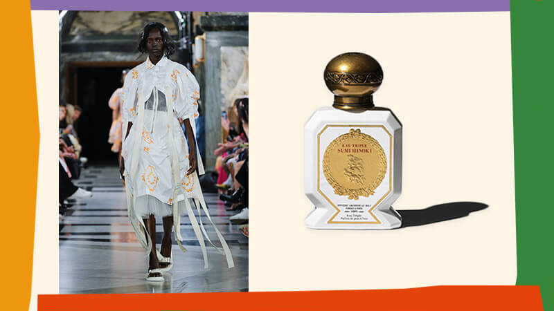 Image of catwalk look from Simone Rocha Spring/Summer 2023 collection; image of Eau Triple Sumi Hinoki perfume bottle, by Officine Universelle Buly