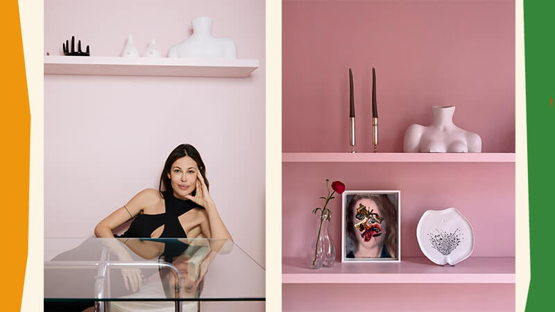 Portrait of designer Anissa Kermiche; still like of Anissa Kermiche vases and candlestick holders in pink room