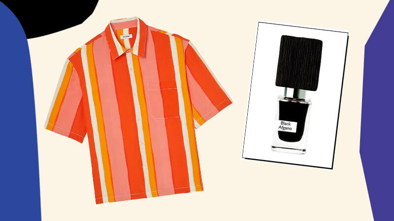 Colourful striped Sandro shirt, Nasomatto Parfum