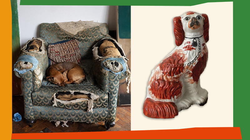 Image of Sahara Longe's dog in her studio and a ceramic King Charles Spaniel