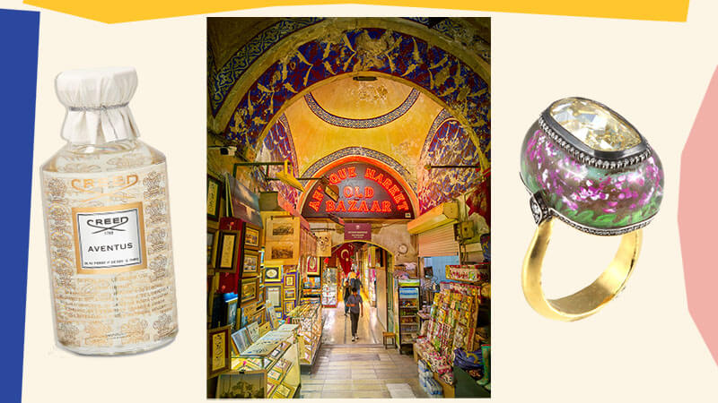 Images of Creed perfume, the Grand Bazaar in Istanbul, Turkey and a ring designed by Sevan Bicakci