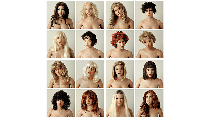 Grid image featuring 16 sex dolls