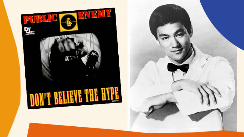 Album artwork by Public Enemy, Don't Believe The Hype and portrait of actor Bruce Lee