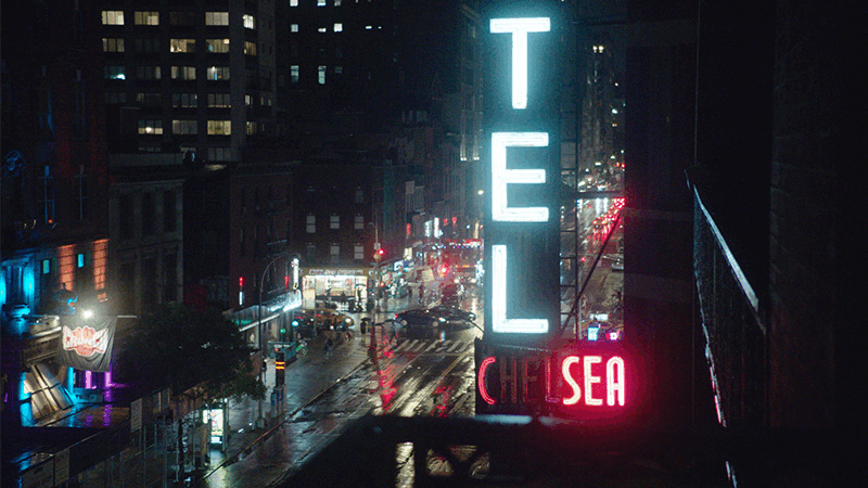 A scene from Dreaming Walls: Inside The Chelsea Hotel; Patti Smith on a balcony at the Chelsea Hotel, May 1971; Hotel Chelsea exterior; Chelsea Girls movie poster; Janis Joplin in the lobby of the Chelsea Hotel, March 1969; Hotel Chelsea facade; Patti Smith and Eric Anderson at the Chelsea Hotel, May 1971