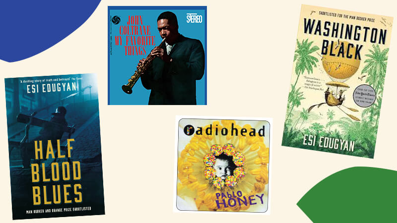 Images of book covers by writer Esi Edugyan and album artwork for John Coltrane and Radiohead