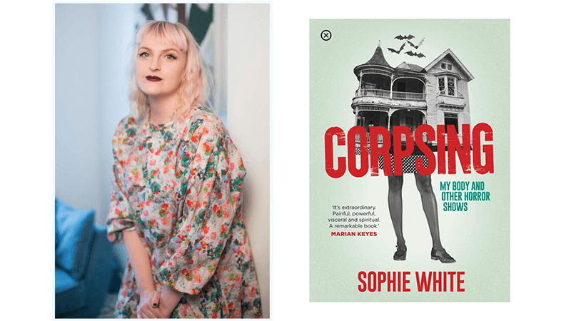Portrait of writer Sophie White, Corpsing book cover