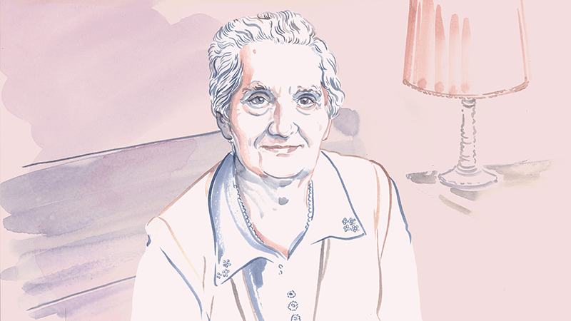 Illustrated portrait of centenarian Renata, for the 100th issue of Service95