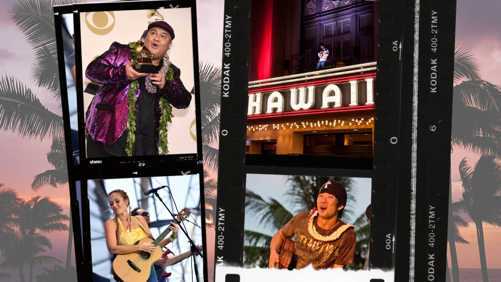 Collage of images featuring various Hawaiian Musicians and artists, Kalani Pe'a, Anuhea and Jake Shimabukuro