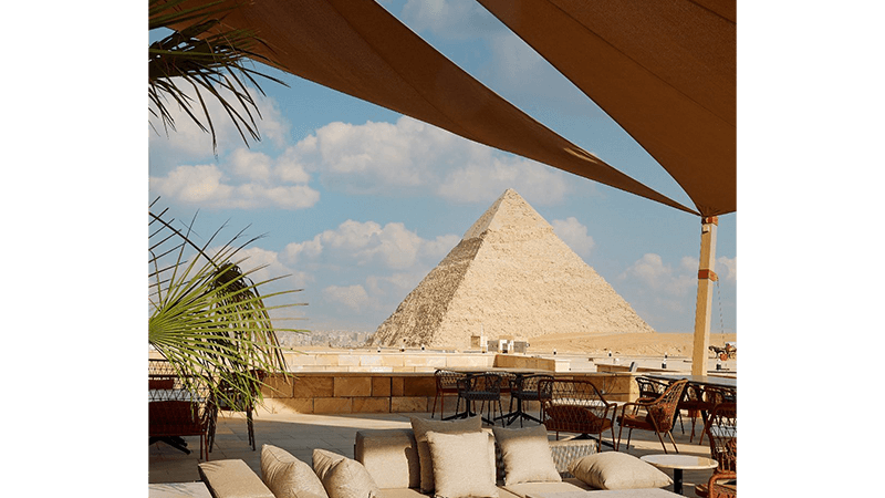 Outside Terrace of restaurant Khufu's overlooking the pyramids in Cairo